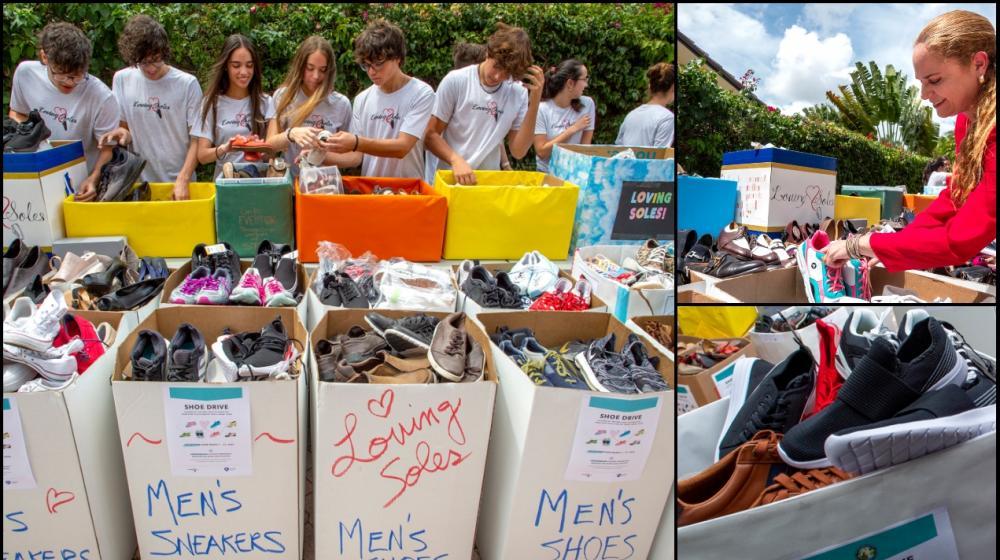 Miembros del proyecto 'Loving Soles' clasifican alrededor de 500 pares de zapatos en la casa de la familia Inguanzo en Miami Lakes, Florida, EE.UU.  