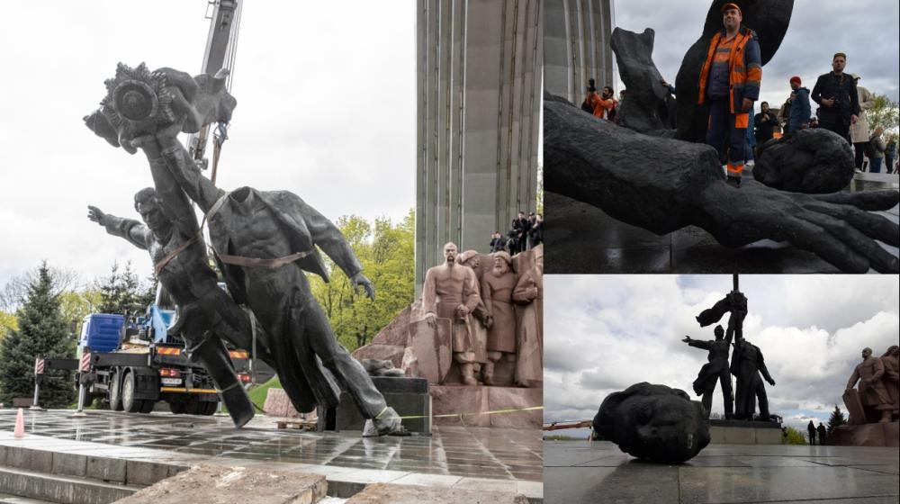 La escultura soviética de dos trabajadores, símbolo de la reunificación de Ucrania y Rusia, fue desmontada.